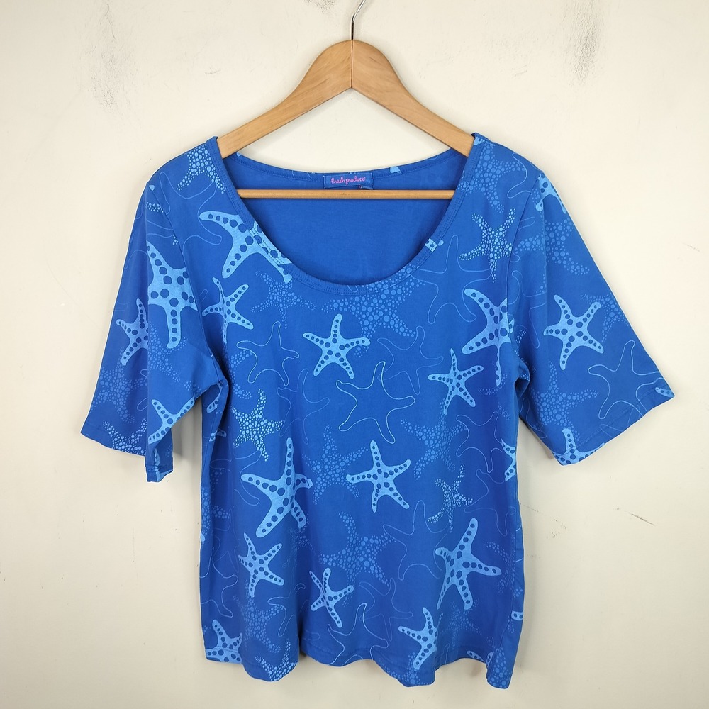Fresh Produce T-Shirt XL Starfish Print Coastal Beach Ocean Blue Cotton
